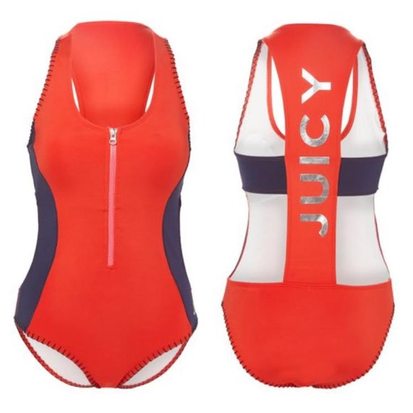 NWT JUICY COUTURE Red Blue LOGO 'Juicy' Zip-Front One-Piece Sporty Swimsuit - Picture 2 of 10